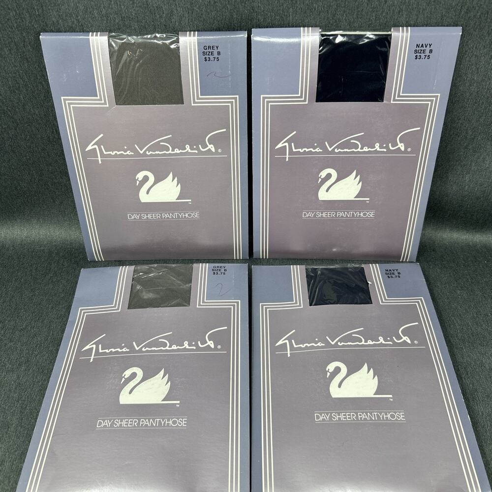 Lot of 4 Gloria Vanderbilt Nylon Day Sheer Pantyhose Grey Navy Size B NEW